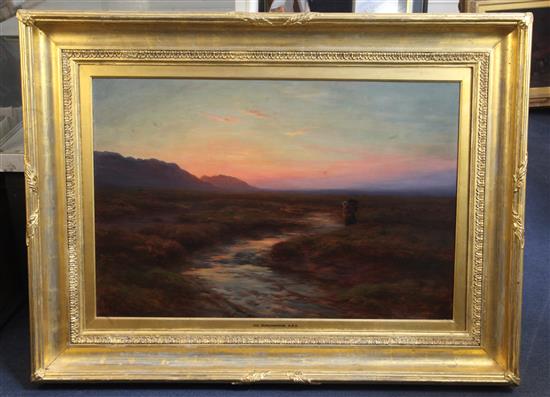 Joseph Farquharson (1846-1935) Traveller in a landscape at sunset 20 x 30in.